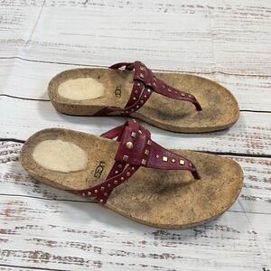 UGG Womens Deitra Sandals Cork T-Strap Purple Leather Stud Flip Flop Thong Sz 9